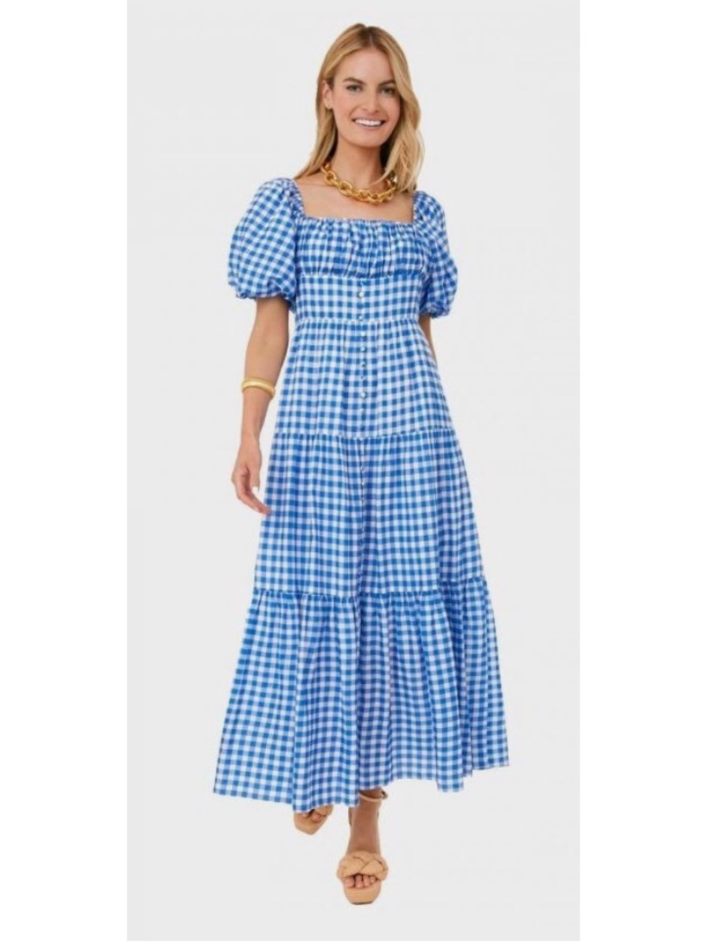 Blue Gingham Puff-Sleeve Maxi Dress